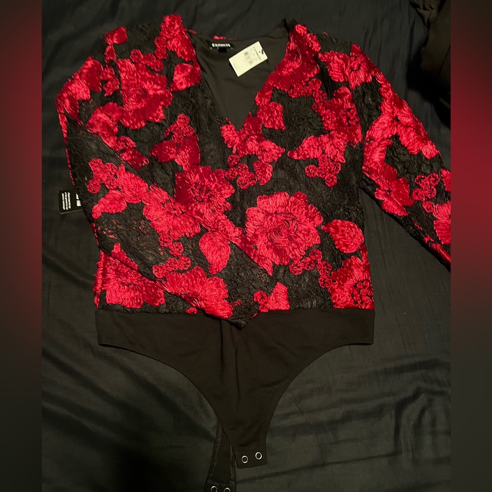 Black and Red lace and floral body suit